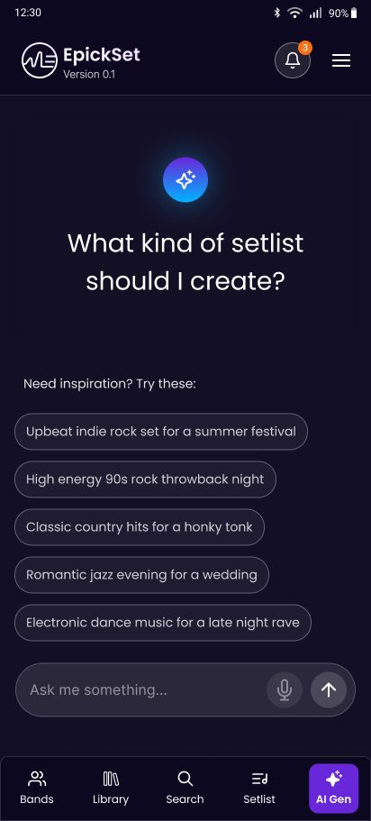 AI generator asking What kind of setlist should I create? with prompt ideas and a voice input