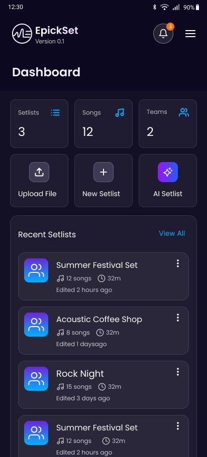 Dashboard with setlist, song and team counts, quick actions for upload, new setlist and AI setlist, and recent setlists