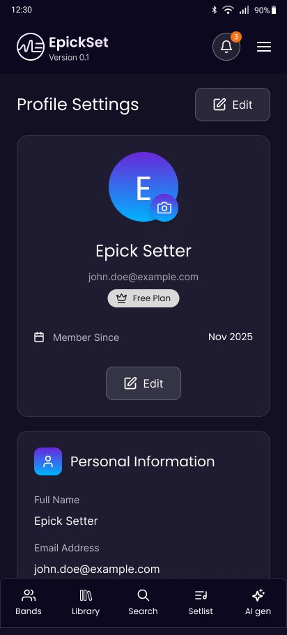 Profile settings with avatar, plan and personal information