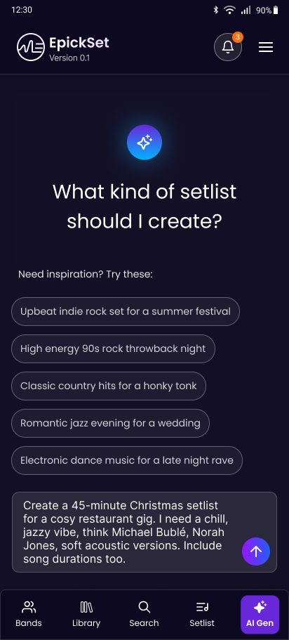 A typed request for a 45-minute Christmas setlist for a cosy restaurant gig