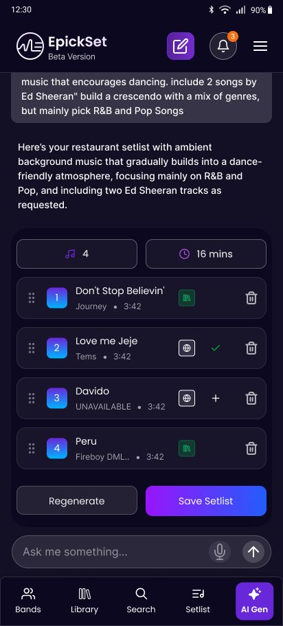 Generated four-song set lasting 16 minutes with drag handles, Regenerate and Save setlist buttons