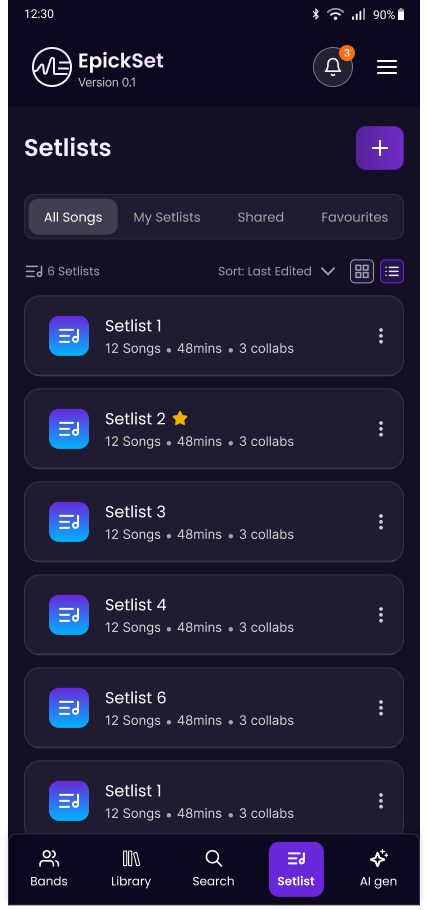 Setlists list with song counts, durations and collaborators, filtered by all, mine, shared and favourites