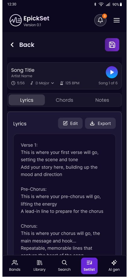 Song view with key, tempo and playback, and tabs for lyrics, chords and notes