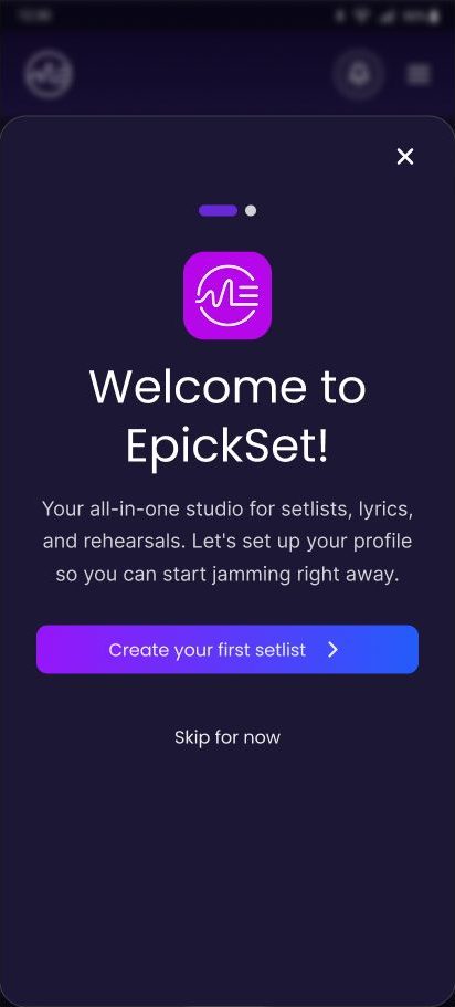 Welcome to EpickSet onboarding screen with Create your first setlist button