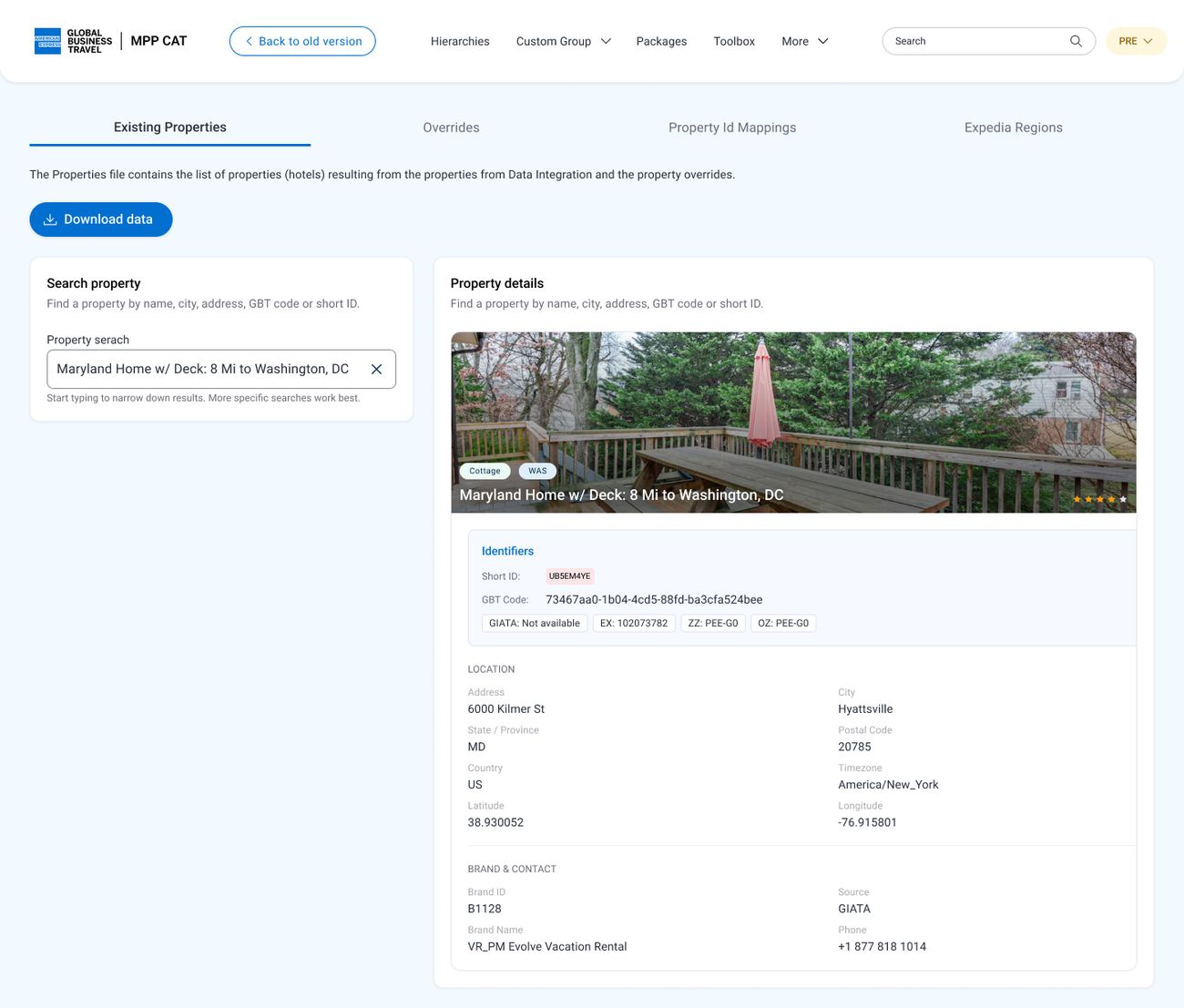 MPP CAT admin tool: property search on the left and property details on the right with identifiers, location, brand and contact