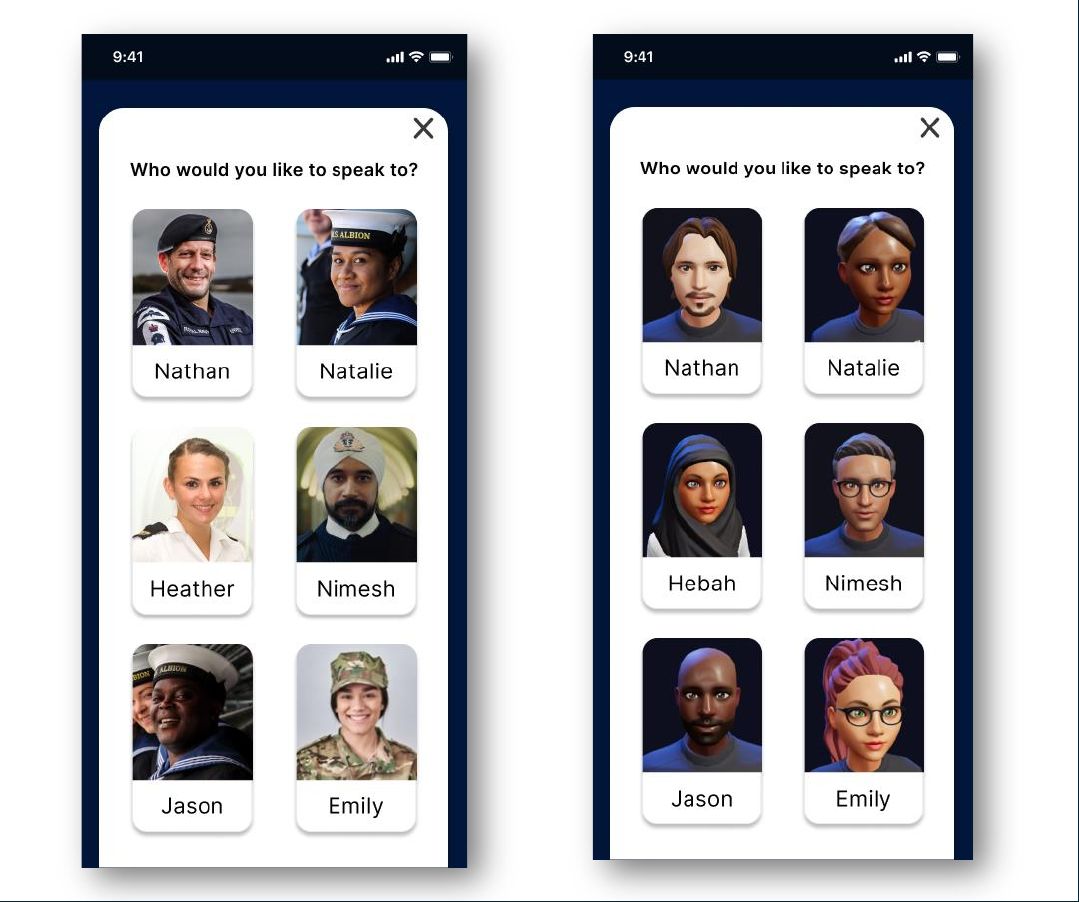 Two mentor pickers side by side: real Navy personnel on the left, 3D avatars on the right