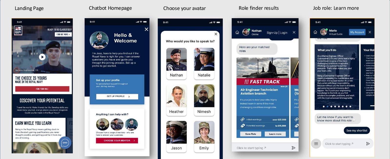 Iteration 1 mobile screens: landing page, chatbot homepage, choose your avatar, role finder results and job role details