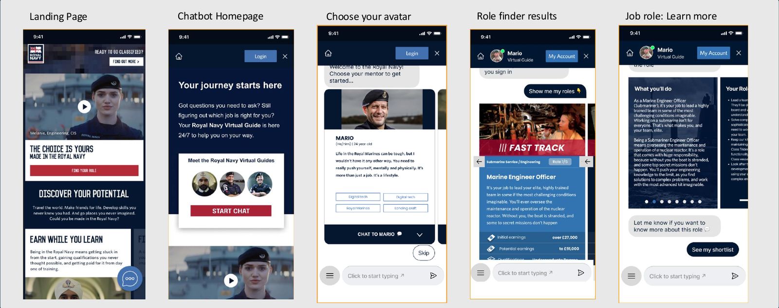 Iteration 2 mobile screens with a simpler chat homepage and mentor cards
