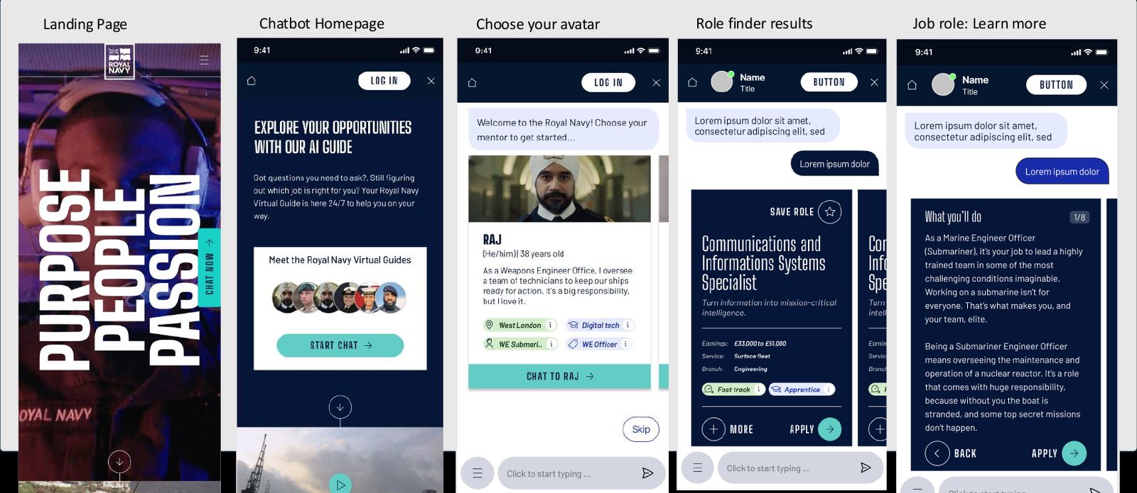 Iteration 3 mobile screens in the new Royal Navy visual style