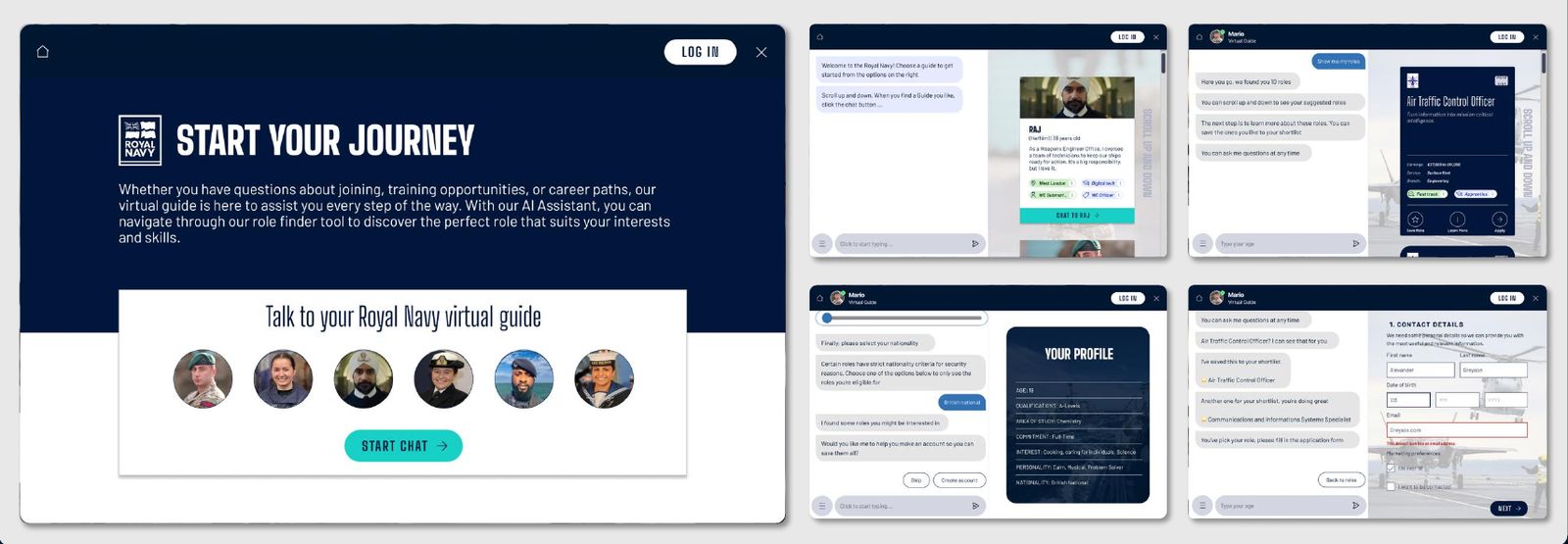 Iteration 4 desktop screens with a two-panel chat: conversation on the left, media on the right