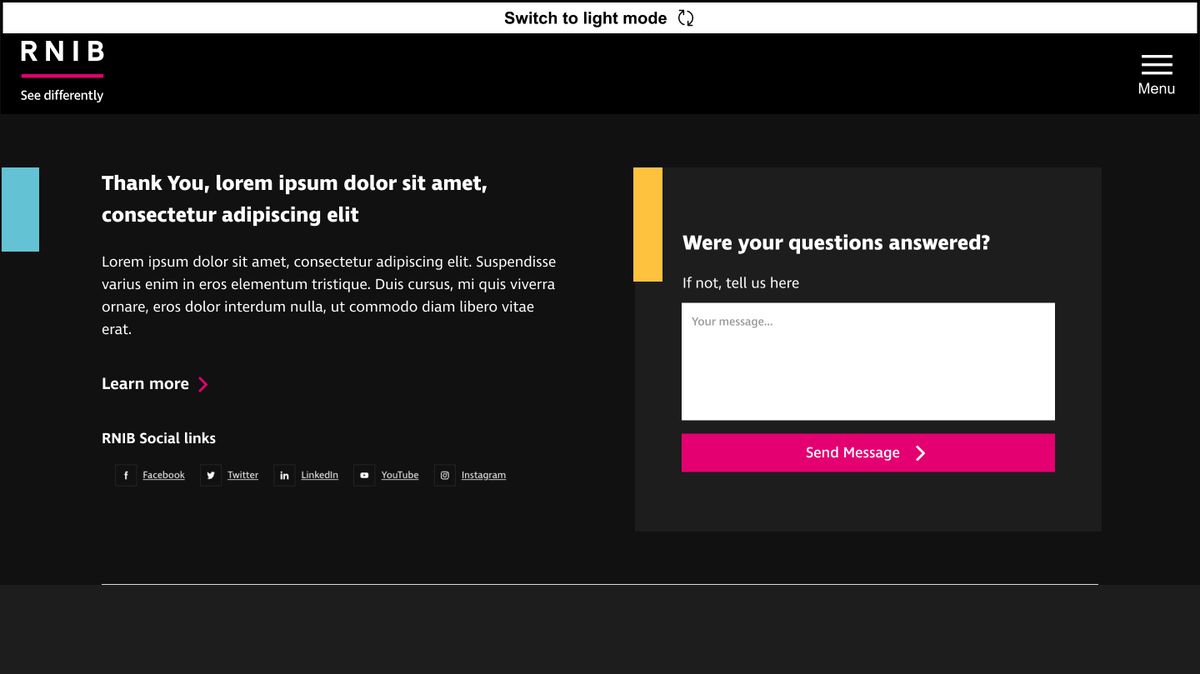 Desktop thank you page in dark mode