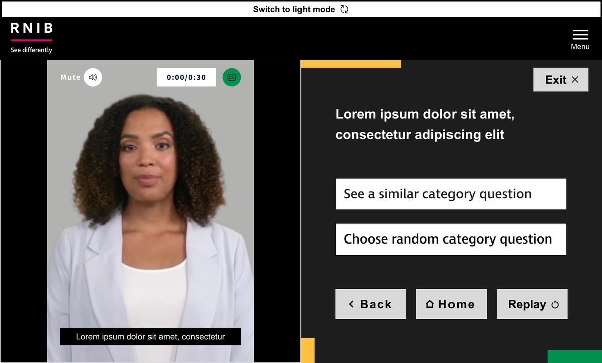 Desktop video answer in dark mode with category buttons
