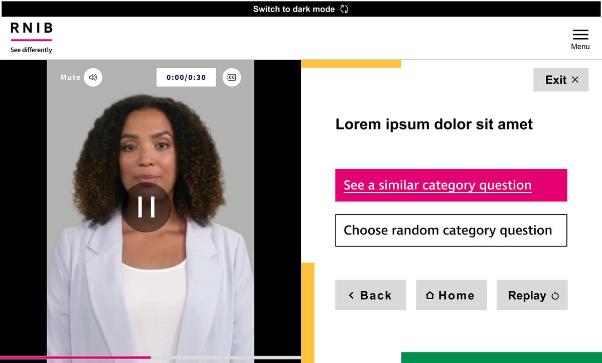 Desktop video answer in light mode with a hovered question highlighted in pink
