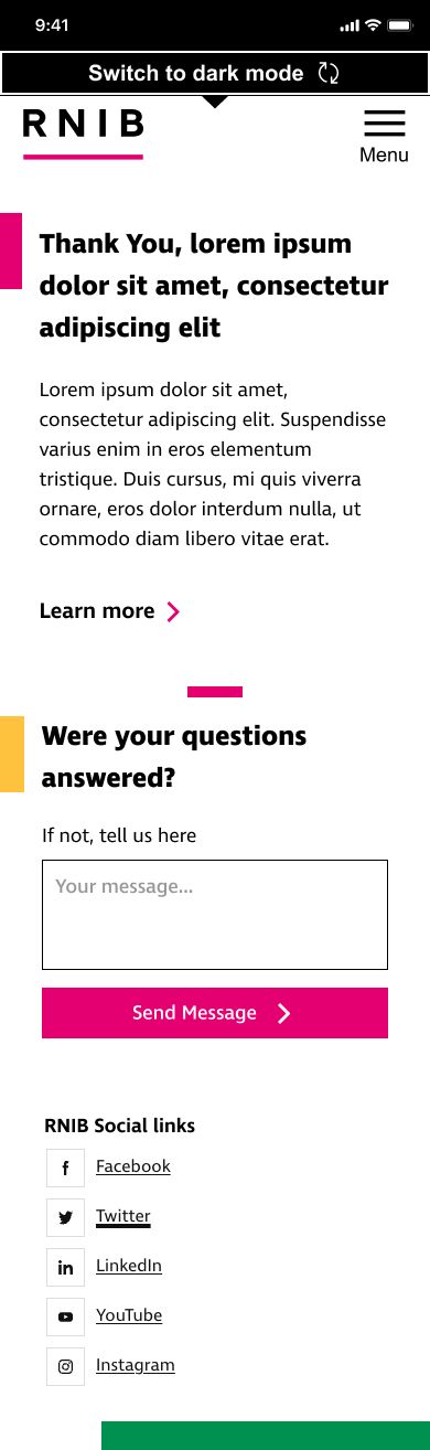 Thank you page with a question form and social links