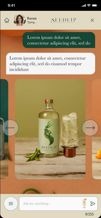 Product carousel showing a Seedlip bottle in the chat