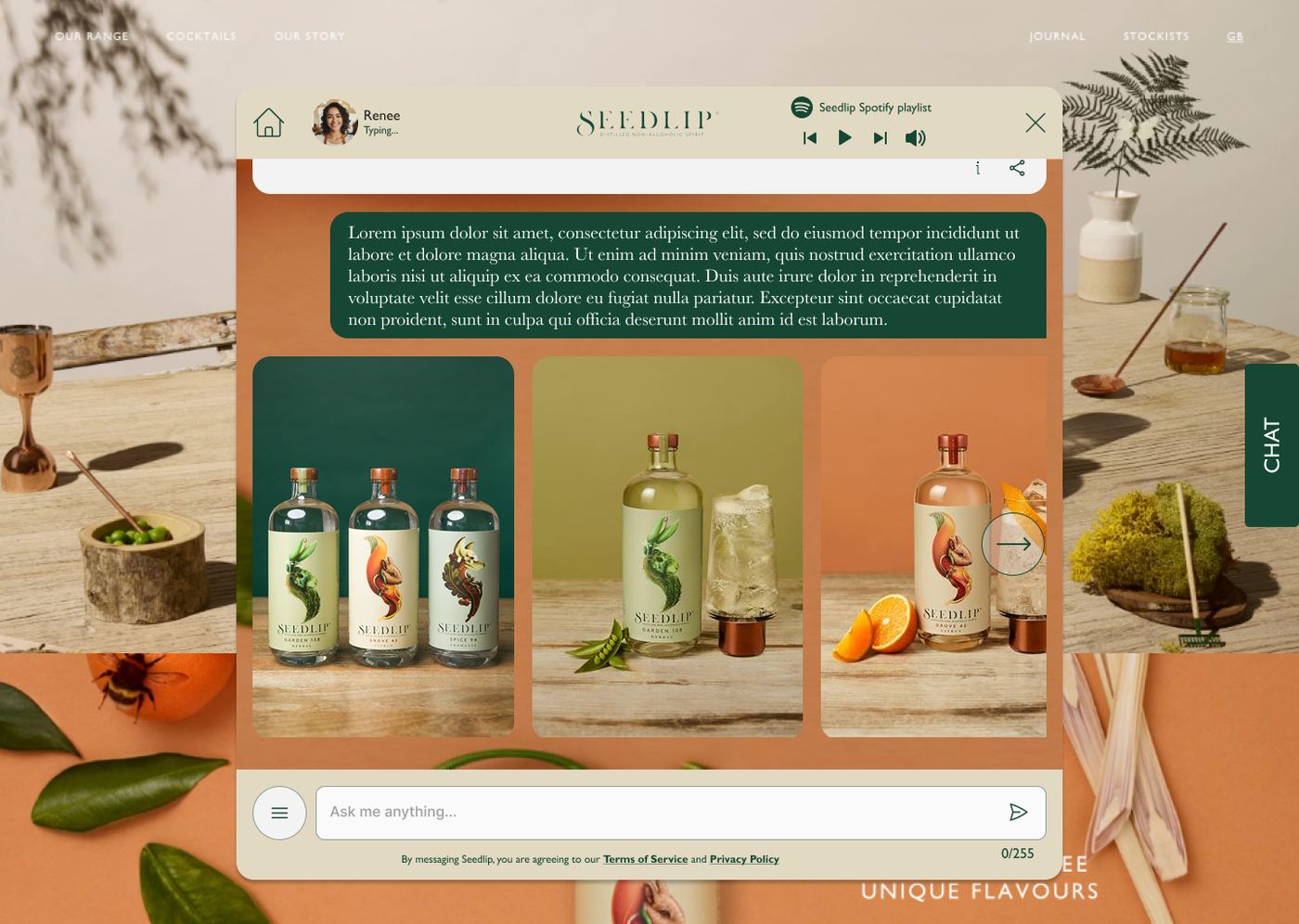 Desktop wireframe of the chat window over a Seedlip product scene, showing a product carousel