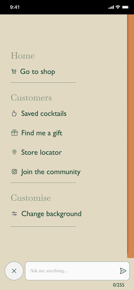 Menu with shop, saved cocktails, find me a gift, store locator and community