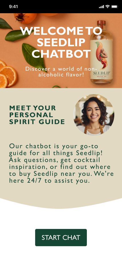 Mobile welcome screen introducing the personal spirit guide with a Start chat button